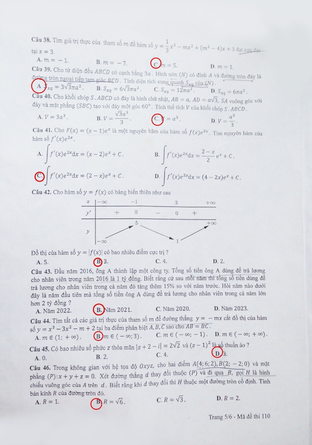 Đáp án gợi ý môn Toán trắc nghiệm mã đề 110 - 5 Đáp án gợi ý môn Toán trắc nghiệm mã đề 110 - 5