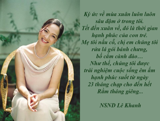 Khép lại một mùa Táo quân, mỗi nghệ sĩ một tâm tình - 4 NSND Lê Khanh và ký ức gói bánh chưng ngày Tết - NSND Lê Khanh nhớ mãi cái Tết trong ký ức với hình ảnh chị gái Lê Vân ngồi vo gạo trong tiết trời xuân miền Bắc lạnh giá, Lê Khanh rửa lá dong, còn Lê Vy lăng xăng giúp việc vặt…