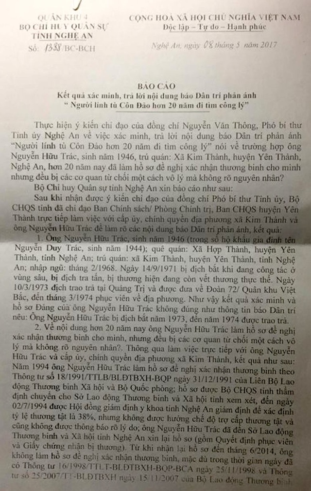 Tia hy vọng cho người lính Côn Đảo hơn 20 năm đi tìm công lý! - 2 Ngày 08/05/2017 - Bộ Chỉ huy Quân sự tỉnh Nghệ An đã có Công văn số 1338 BC-BCH trả lời Báo điện tử Dân trí về vụ: “Người lính Côn Đảo hơn 20 năm đi tìm công lý!”