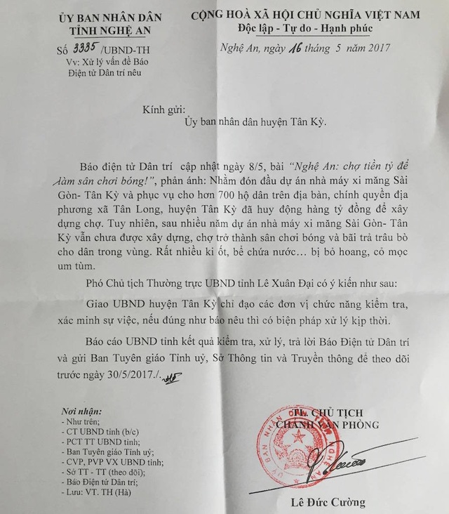UBND tỉnh Nghệ An chỉ đạo huyện Tân Kỳ làm rõ chợ tiền tỷ để làm sân chơi bóng! - 1 Ngày 16/5/2017, UBND tỉnh Nghệ An có Công văn số 3335/UBND-TH về việc xử lý vấn đề Báo điện tử Dân trí nêu.