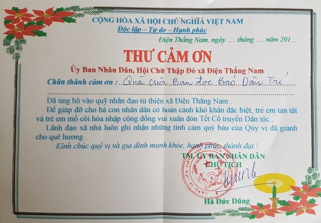 Hơn 20 triệu đồng đến với người đàn ông có nguy cơ bị tàn phế - 2 Thư cảm ơn của Hội Chữ thập đỏ xã Điện Thắng Nam đến bạn đọc Dân trí
