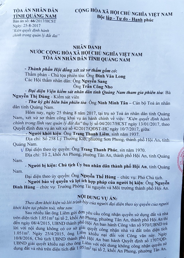 Bác đơn khiếu nại của người dân, Chủ tịch TP Hội An thua kiện! - 2 Bác đơn khiếu nại của người dân, Chủ tịch TP Hội An thua kiện! - 2