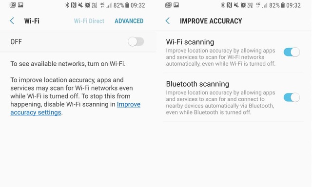 Thực hư lỗi gây hoang mang trên iOS 11 - 4 Trên hệ điều hành Android, hệ thống cũng đặt mặc định chế độ ẩn tự dò Wi-Fi và Bluetooth.