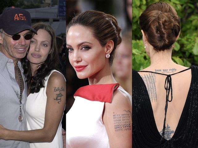 Nữ diễn viên Angelina Jolie từng xăm tên của chồng cũ - nam diễn viên Billy Bob Thorton lên cánh tay, nhưng sau đó, khi hai người chia tay, cô đã đi xóa hình xăm này. Giờ đây, thay thế vào vị trí hình xăm cũ là địa danh nơi các con cô ra đời.