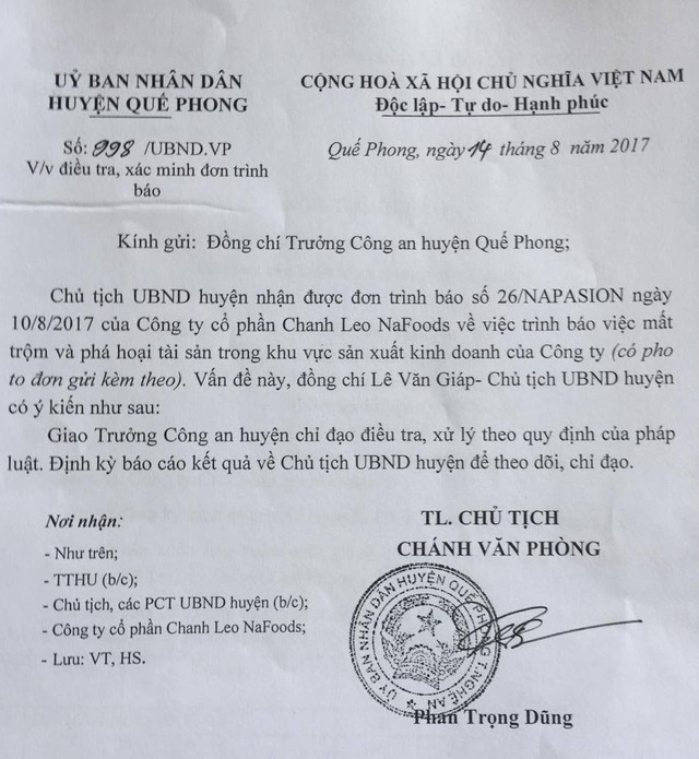 Đau đớn phát hiện 1200 gốc chanh leo bị chặt phá tan hoang trong đêm! - 9 UBND huyện Quế Phong đã có văn bản về việc điều tra, xác minh đơn trình báo của Công ty CP Chanh leo NaFoods.