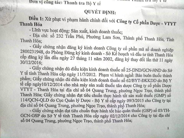 Một công ty Dược bị phạt 30 triệu đồng vì tự ý thay đổi bao bì thuốc - 1 Quyết định xử phạt vi phạm hành chính đối với Công ty Dược VTYT Thanh Hóa