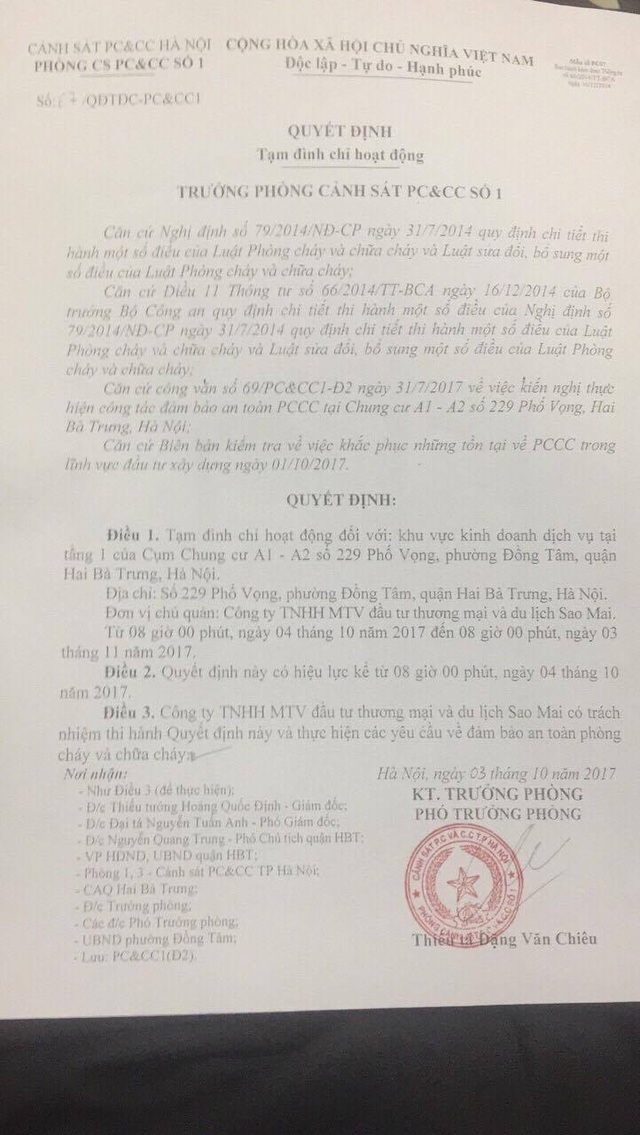 Cư dân chung cư 229 phố Vọng kêu cứu: Tạm đình chỉ hoạt động khu vực kinh doanh dịch vụ! - 1
Quyết định tạm đình chỉ trong thời gian 01 tháng đối với hoạt động kinh doanh tại tầng 1 của cụm chung cư.