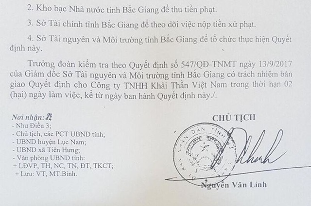 Hàng loạt chiêu “bức tử” môi trường của một doanh nghiệp nước ngoài tại Bắc Giang - 2
Công ty TNHH Khải Thần Việt Nam đã bị xử phạt tổng cộng 560 triệu đồng và bị đình chỉ hoạt động 3 tháng với hàng loạt các chiêu trò “bức tử” môi trường.