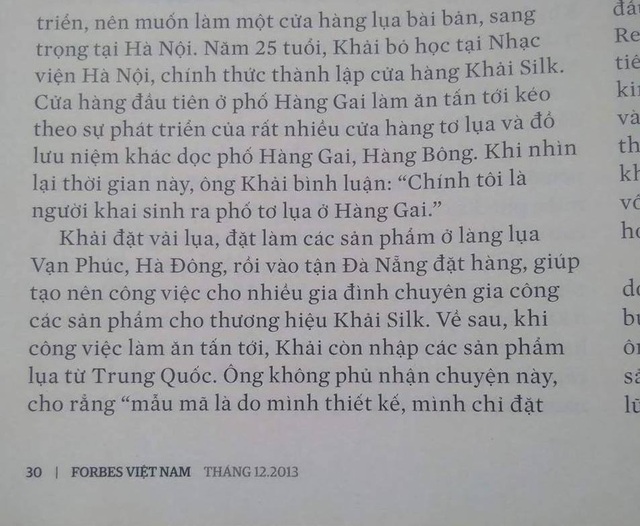 Khaisilk từng thừa nhận nhập hàng Trung Quốc từ năm 2013 - 1 Bài viết trên Forbes từ năm 2013 có đoạn Khaisilk thừa nhận nhập hàng Trung Quốc.