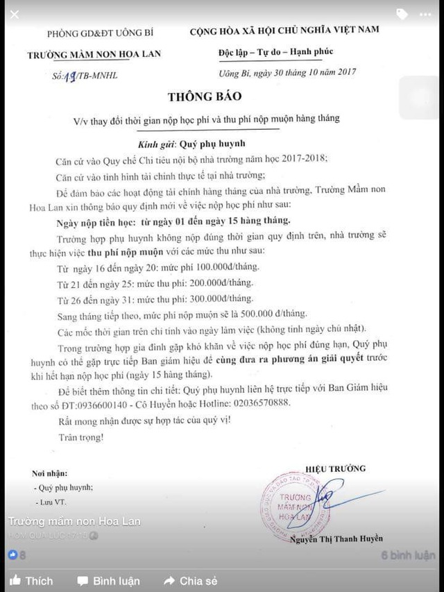 Quảng Ninh: Yêu cầu trường mầm non dừng ngay việc thu phí phụ huynh nộp học phí muộn - 1 Thông báo thu phí muộn gây bức xúc, lo lắng trong phụ huynh