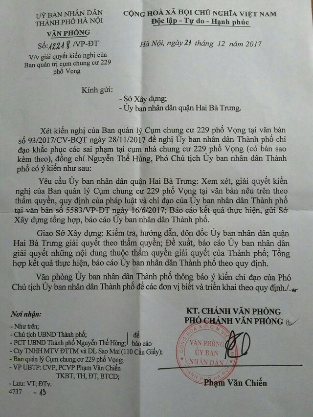 Cư dân chung cư 229 phố Vọng kêu cứu: UBND TP Hà Nội lại ra "tối hậu thư"! - 1
Phó Chủ tịch UBND Thành phố Hà Nội chỉ đạo Sở Xây dựng và UBND quận Hai Bà Trưng xử lý dứt điểm sai phạm tại cụm chung cư 229 phố Vọng.