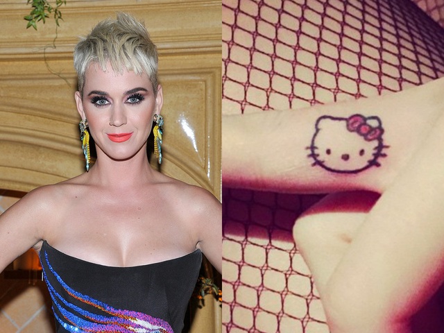 Nữ ca sĩ Katy Perry có một hình xăm mèo Hello Kitty nhỏ xinh trên ngón tay. Thực tế, Katy Perry có nhiều hình xăm nhỏ xíu. Ở mắt cá chân của cô cũng có một số hình xăm, như hình lá bạc hà, quả dâu…
