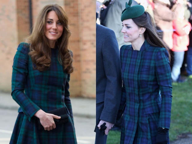 Chiếc áo khoác kẻ ca-rô xanh được Kate mặc hai lần, một lần khi tới thăm trường học năm 2012, và một lần vào dịp lễ Giáng sinh năm 2013.