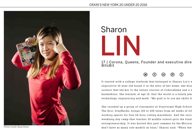 Chân dung nữ doanh nhân 18 tuổi sẽ thay đổi ngành công nghệ thế giới - 3 Sharon Lin trong danh sách 20 doanh nhân trẻ dưới 20 tuổi của tạp chí doanh nghiệp Crain.