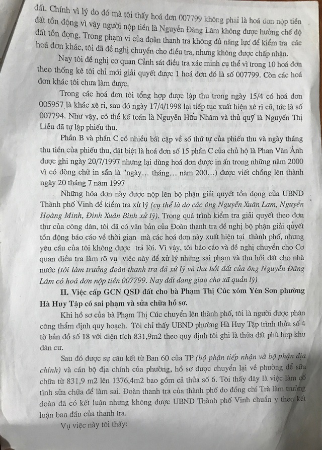 Bài 4: "Hô biến" đất của dân xong, cán bộ rút kinh nghiệm?! - 2 Báo cáo của ông Thao nói: Tôi thấy đây là việc làm cố tình sửa chữa để làm sai. Đoàn thanh tra của thành phố đã có kết luận nhưng UBND TP Vinh lại không chuẩn y theo kết luận ban đầu của thanh tra.