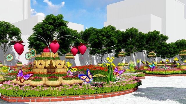 Chú chó Phú Quốc là linh vật của đường hoa Nguyễn Huệ - 4 Nối tiếp là đại cảnh Lộc xuân gồm kết cấu tròn nhiều tầng cao thấp, giỏ hoa và đồng tiền bằng nứa tạo thành tháp đỡ hoa, xung quanh là đàn bướm màu sắc rực rỡ