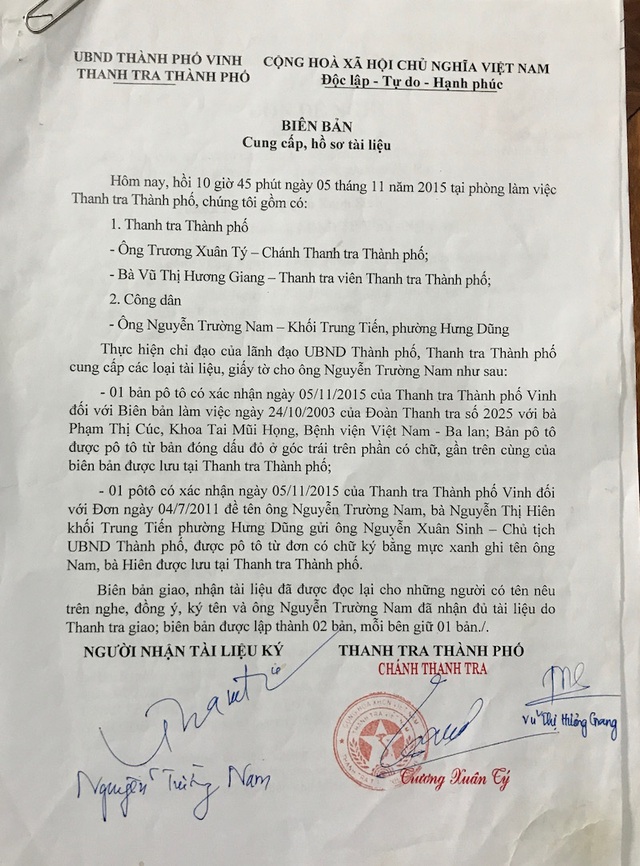 Hơn 13 năm, 10 phiên tòa mòn mỏi đi đòi một mảnh đất: Có bỏ lọt “tội phạm”? - 17 Thì đến ngày 5/11/2015, Thanh tra đô thị Thành phố Vinh đã cung cấp đầy đủ hồ sơ, tài liệu cho ông Nam.