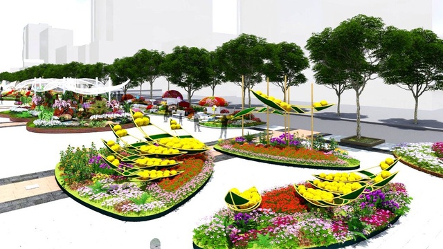 Chú chó Phú Quốc là linh vật của đường hoa Nguyễn Huệ - 5 Đại cảnh Xuân reo vui được bố trí tiếp nối sau những chiếc thuyền cách điệu chở cúc vàng - tượng trưng cho sắc vàng rực của những cánh đồng lúa chắc hạt căng tròn mùa bội thu trong năm mới