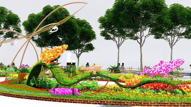 Chú chó Phú Quốc là linh vật của đường hoa Nguyễn Huệ - 7 Dịp Tết năm nay trùng với Ngày Lễ tình nhân (14/2) nên đường hoa sẽ có các cặp chó hạnh phúc làm từ cây và hoa đa sắc. Dọc các luống hoa là chú trâu nước dầm mình dưới đầm, kế đó là gia đình nhà vịt đang tung tăng bơi lội