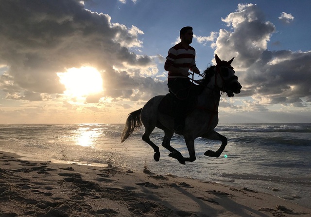 Một người đàn ông Palestine đang cưỡi ngựa trên bãi biển ở Gaza. (Ảnh chụp ngày 17/2)