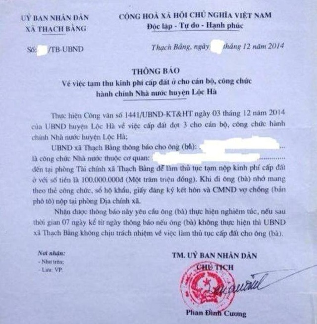 Hà Tĩnh: Nộp tiền gần 3 năm vẫn không được cấp đất, người dân khốn đốn - 1 Thông báo của UBND xã Thạch Bằng yêu cầu các đối tượng được cấp đất khẩn trương nộp tiền