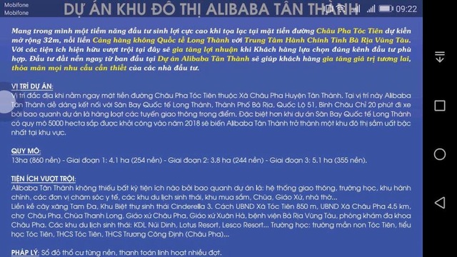 Vụ địa ốc Alibaba bán dự án "vịt trời": Cơ quan chức năng vào cuộc - 3 Sau khi bị bóc phốt ở Long Thành (Đồng Nai) và Củ Chi (TPHCM), công ty Alibaba đang chuẩn bị triển khai dự án ở Bà Rịa - Vũng Tàu có tên Dự án khu đô thị Alibaba Tân Thành.