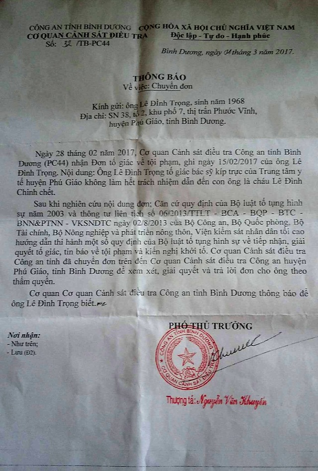 Vụ bác sĩ tắc trách, bé trai tử vong: Cục Quản lý khám, chữa bệnh yêu cầu báo cáo! - 4 Cơ quan CSĐT Công an tỉnh Bình Dương chuyển đơn đến Công an huyện Phúc Giáo để xử lý theo thẩm quyền.