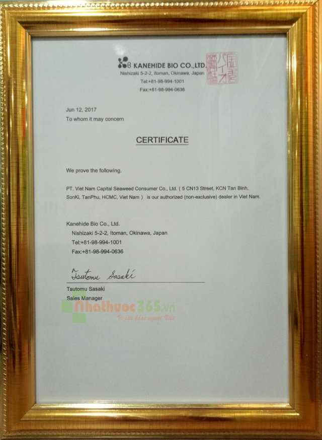 Chứng nhận Của nhà sản xuất Kanehide về việc CSC là nhà nhập khẩu Okinawa Fucoidan tại Việt Nam