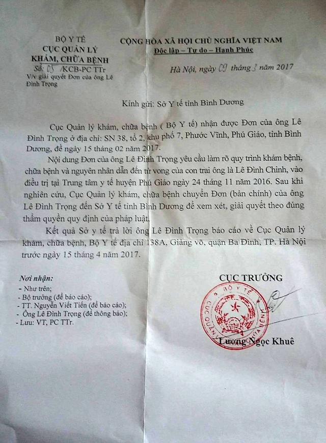 Vụ bác sĩ tắc trách, bé trai tử vong: Cục Quản lý khám, chữa bệnh yêu cầu báo cáo! - 2 Văn bản Cục Quản lý khám, chữa bệnh - Bộ Y tế gửi đến Sở Y tế tỉnh Bình Dương.