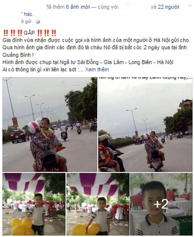 Cháu bé 6 tuổi mất tích ở Quảng Bình được phát hiện tại Hà Nội? - 2
Hình ảnh về cháu bé giống bé trai Trần Trung Nghĩa đang được chia sẻ trên mạng xã hội Facebook.