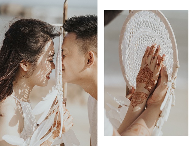 Được biết, để có những góc ảnh ấn tượng, toàn bộ trang phục và phụ kiện được mang từ Thái Lan về, ngoài ra nhiếp ảnh gia cũng tự tay xăm henna lên da của cô dâu chú rể để “hô biến” họ trở thành cặp đôi du mục thực thụ.
