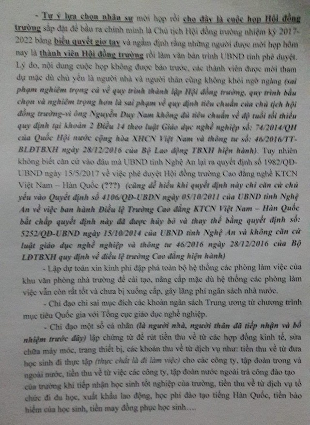 Nghệ An: Hết nhiệm kỳ 5 tháng, hiệu trưởng bị tố tham quyền, cố vị? - 5 Theo khoản 2, điều 14 Luật giáo dục Nghề nghiệp số 74/2014 và Thông tư số 46/2016 thì ông Nguyễn Duy Nam không đủ tiêu chuẩn về độ tuổi tối thiểu để nằm trong chủ tịch Hội đồng trường.