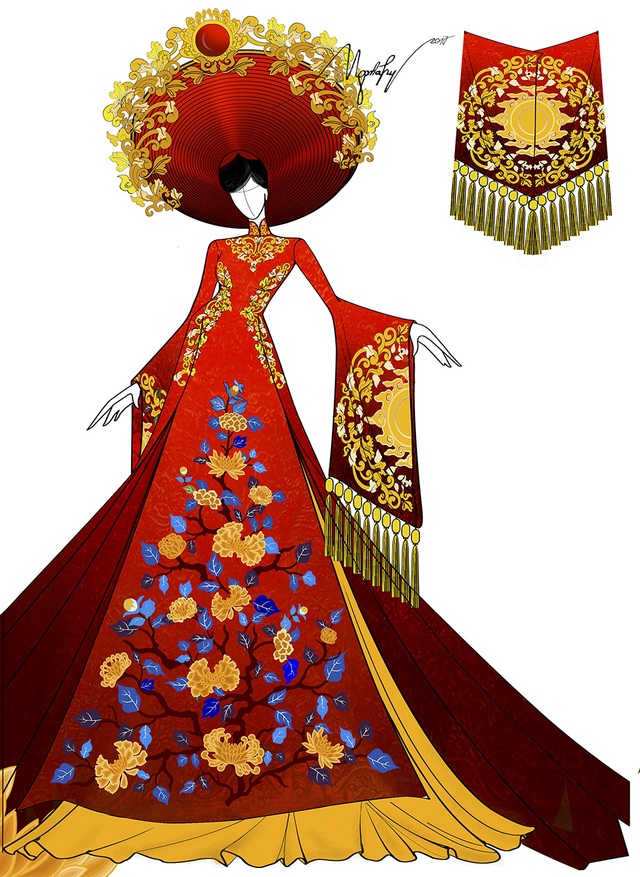 Hé lộ trang phục dân tộc của Huyền My tại Hoa hậu Hòa bình thế giới - 2 Đó là bộ áo dài màu đỏ nặng hơn 30 kg, với phần đuôi dài, được xẻ thành nhiều tà, tay dài kết hợp cùng mấn đội đầu được trang trí cầu kỳ, nặng gần 8 kg.