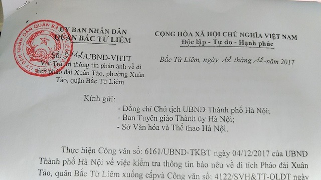 Vụ pháo đài Xuân Tảo xuống cấp: Yêu cầu quyết toán dự án trước ngày 31/12! - 1 Báo cáo của UBND Quận Bắc Từ Liêm gửi UBND Thành phố Hà Nội.