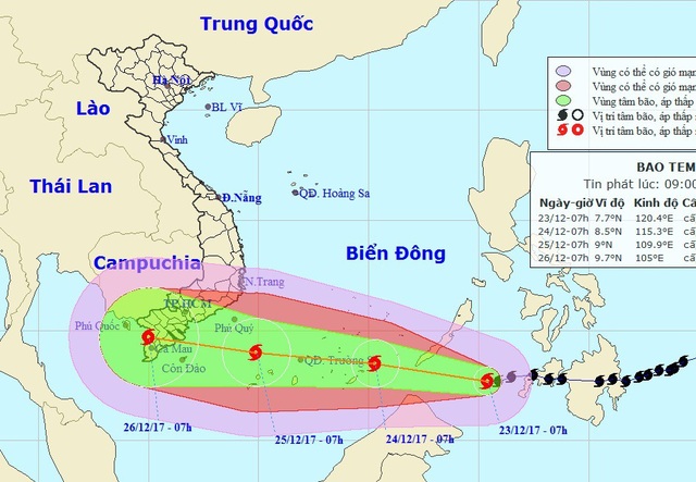 Bão Tembin được dự báo sẽ rất mạnh khi vào khu vực Nam Bộ - 2 Vị trí và hướng di chuyển của bão Tembin. (Ảnh: NCHMF).
