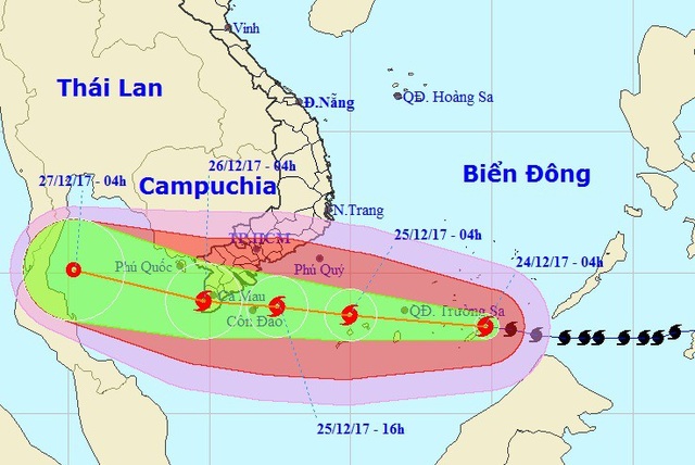 Bão số 16 di chuyển nhanh, hướng vào Nam Bộ - 1 Vị trí và hướng di chuyển của bão Tembin. (Ảnh: NCHMF).