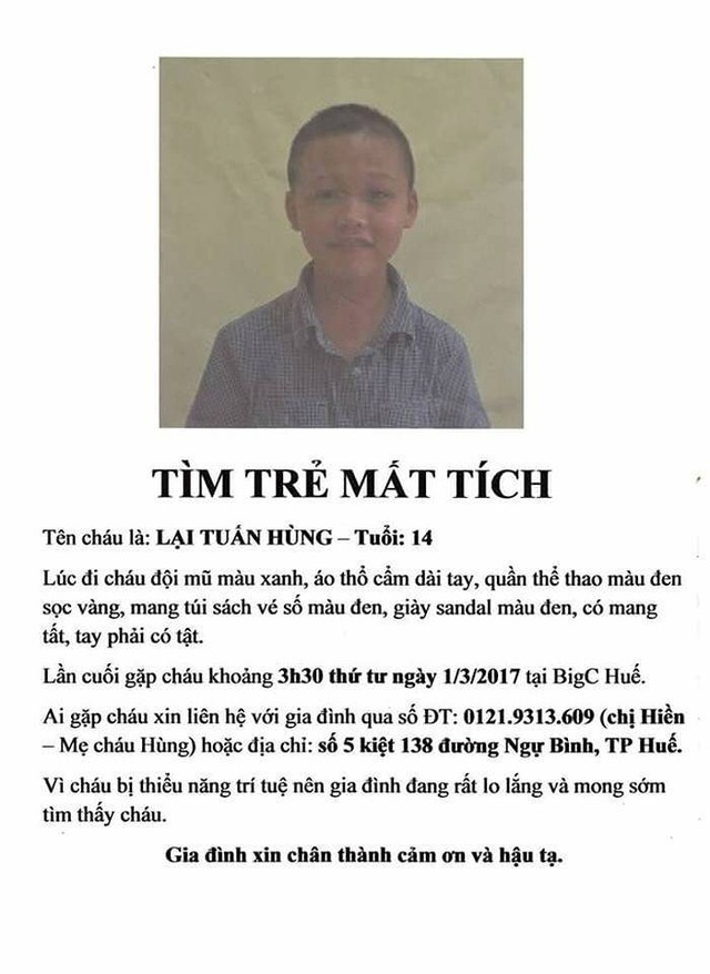 Đi bán vé số, bé trai 14 tuổi mất tích bí ẩn - 3
Tờ rơi về cháu Hùng bán vé số được đăng tải nhiều nơi để tìm kiếm
