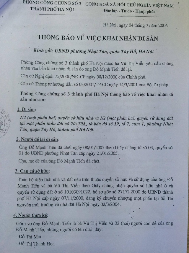 Th&ocirc;ng b&aacute;o của Ph&ograve;ng C&ocirc;ng chứng số 3 H&agrave; Nội về việc bố mẹ anh Đỗ Manh Tiến đ&atilde; chết, d&ugrave; họ c&ograve;n sống rất khoẻ mạnh.