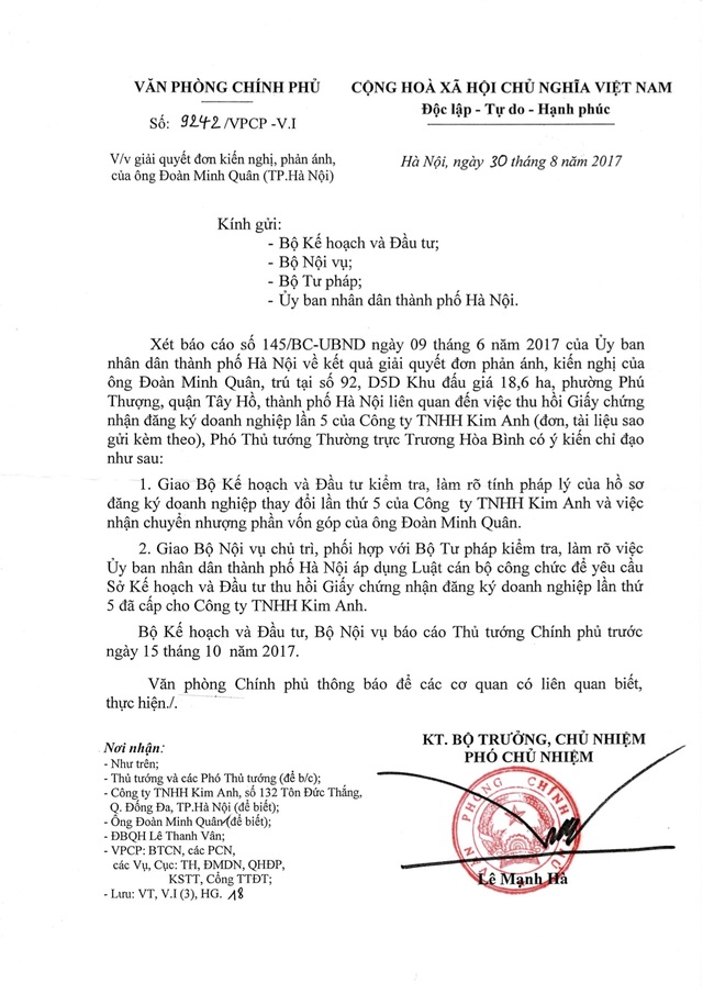 Phó Thủ tướng lại yêu cầu làm rõ việc thu hồi đăng ký kinh doanh ở Hà Nội! - 1 Văn bản truyền đạt ý kiến chỉ đạo của Phó Thủ tướng Thường trực Trương Hoà Bình.