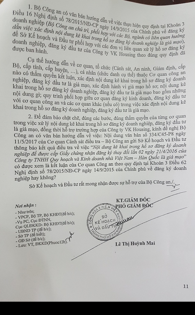 Bộ Công an gửi kết quả điều tra, Sở Kế hoạch và Đầu tư TPHCM “hỏi vặn” - 2 Văn bản do bà Lê Thị Huỳnh Mai ký gửi Bộ Công an.