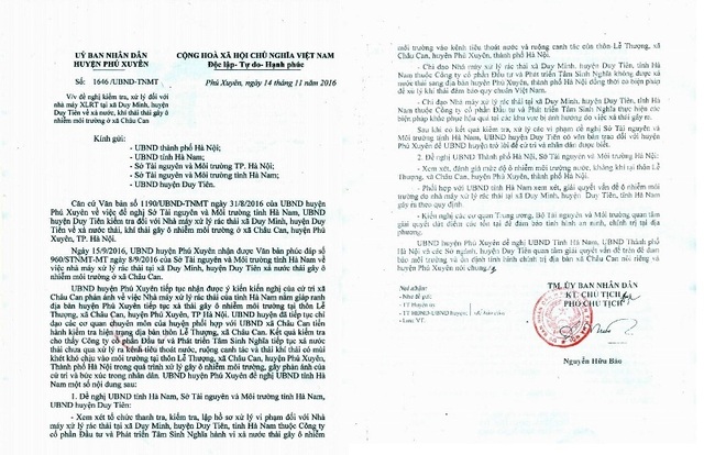 Hàng loạt sai phạm tại nhà máy xử lý rác thải "bức tử" môi trường sống! - 2 Công văn UBND huyện Phú Xuyên gửi đến UBND thành phố Hà Nội và UBND tỉnh Hà Nam đề nghị điều tra xử lý nhà máy xử lý rác thải công ty CP Đầu tư và Phát triển Tâm Sinh Nghĩa