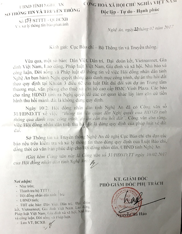 Vụ có phán quyết của tòa, HĐND vẫn ra Nghị quyết thu hồi đất: Thực hiện đúng luật? - 8
Sở TTTT Nghệ An cũng ra văn bản đề nghị các bác trả lời.