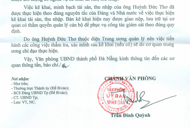 Đà Nẵng thông tin việc kê khai tài sản của Chủ tịch Huỳnh Đức Thơ - 2
Văn bản gửi các cơ quan báo chí về vấn đề kê khai tài sản của Chủ tịch Đà Nẵng Huỳnh Đức Thơ