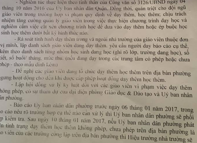 Ủy ban phường vào cuộc “quét” dạy thêm sai quy định - 1 Văn bản của UBND phường Bình Trị Đông, quận Bình Tân, TPHCM đưa ra nhiều biện pháp chấn chỉnh tình trạng dạy thêm sai quy định