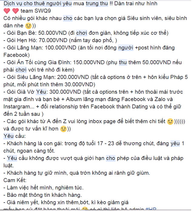 Thực hư dịch vụ thuê người yêu đi chơi trung thu đang rầm rộ trên mạng - 1 Bảng giá cho khách là nữ