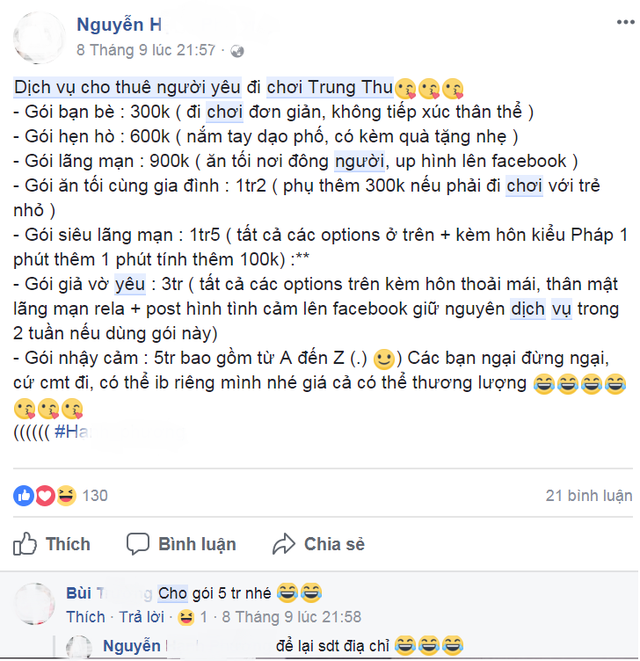 Thực hư dịch vụ thuê người yêu đi chơi trung thu đang rầm rộ trên mạng - 2 Thực hư dịch vụ thuê người yêu đi chơi trung thu đang rầm rộ trên mạng - 2