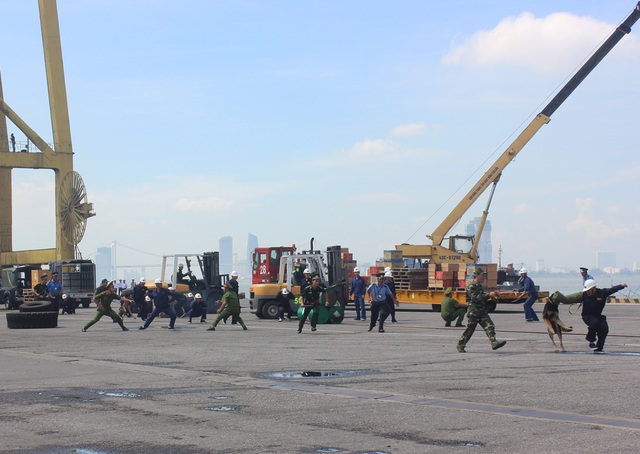 Diễn tập phòng, chống khủng bố cảng biển - 1 Lực lượng công an, Bộ đội biên phòng, an ninh cảng Đà Nẵng sử dụng chó nghiệp vụ vây bắt 5 đối tượng khủng bố tại khu vực cầu cảng