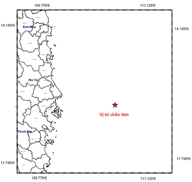 Xuất hiện động đất trên Biển Đông - 1 Vị trí tâm chấn động đất trên Biển Đông (Ảnh: Viện Vật lý địa cầu).