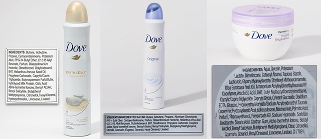Pháp: Công bố 400 loại hóa mỹ phẩm có thành phần gây hại - 20
2 loại khử mùi Dove có Cyclopentasiloxane, BHT; Dưỡng thể Dove có Ethylhexyl, methoxycinnamate, BHT