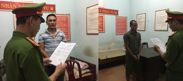 Ngang nhiên bắt người thu mua hải sản đóng tiền bảo kê - 2 Hai đối tượng Cao Thanh Hải (ảnh trái) và Phạm Thanh Phúc bị bắt giữ. (Ảnh CAQB)
